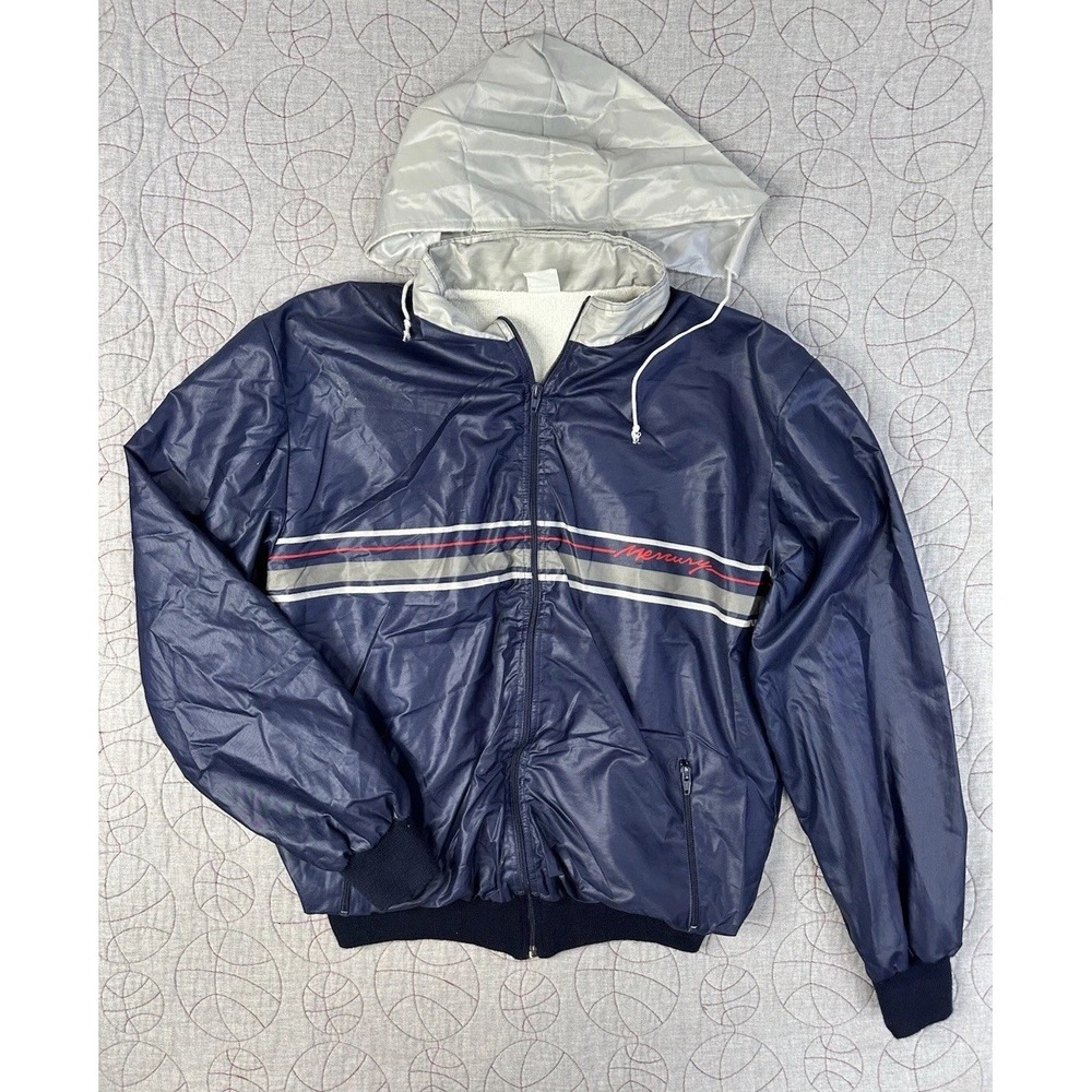 VTG Mercury Outboard Boating Terry Lined Windbreaker Zip Jacket Stow‎ Hood / XL